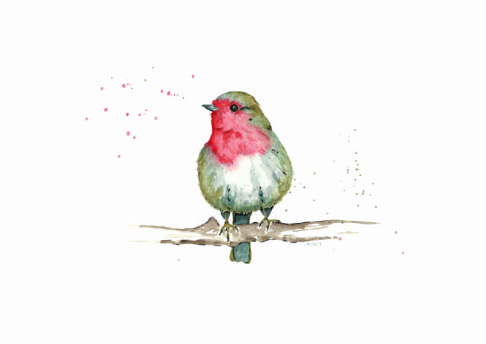 Rotkehlchen sitzend auf einem Ast in Aquarell gemalt mit dekorativen Farbspritzern in Rot und Braun